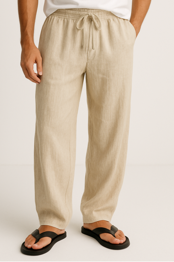 Beige Loose Linen Pants For Men